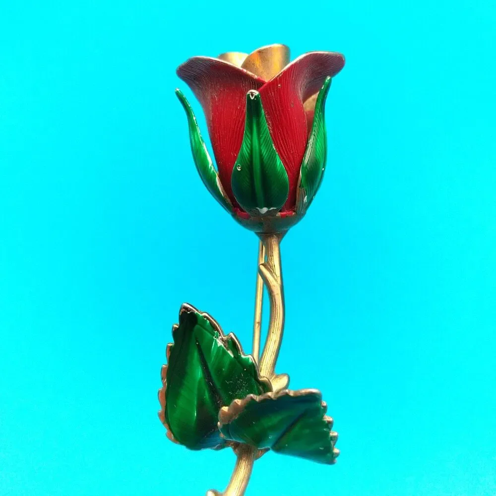 Vintage Rose Brooch Pin Red & Green Enamel Gold Tone Flower Jewelry